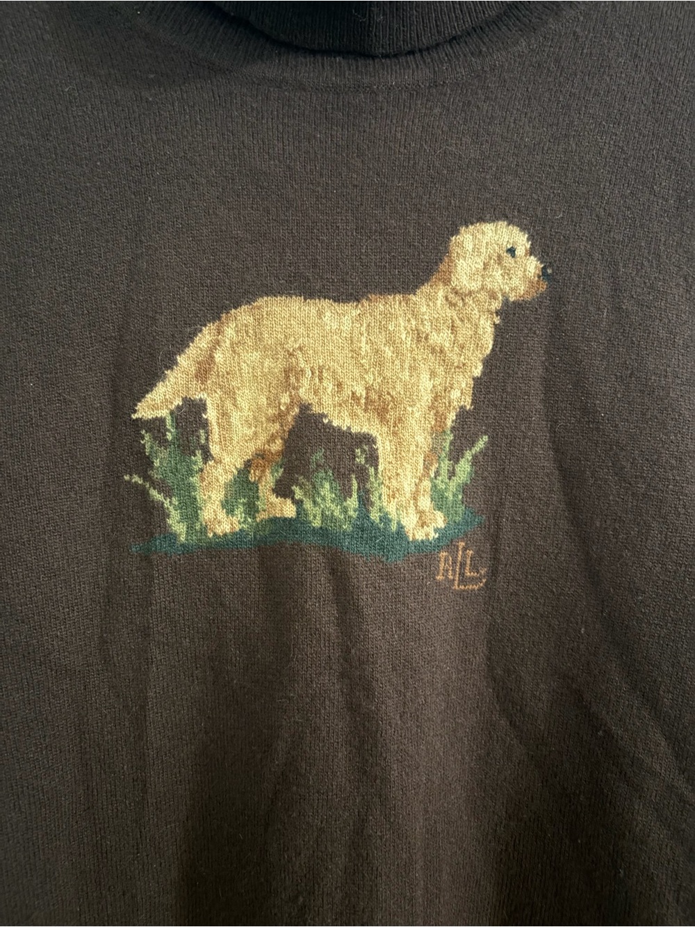 Ralph Lauren-Inspired Brown Turtleneck Sweater with Golden Retriever Motif - Picture 2 of 6